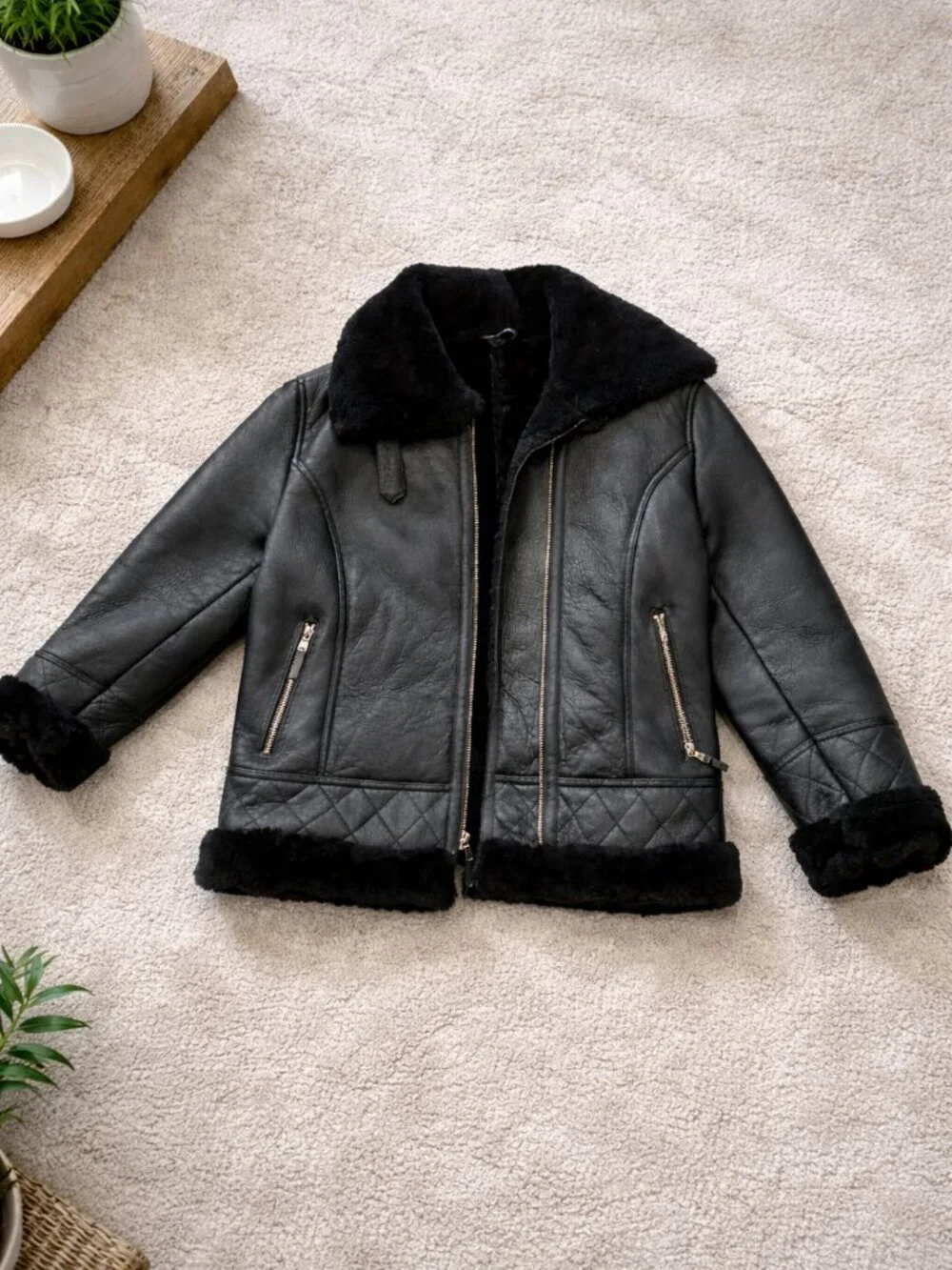 Shearling Aviator Jacket Womens Black 100% Sheepskin Leather B3 Bomber Coat XL - Picture 9 of 10